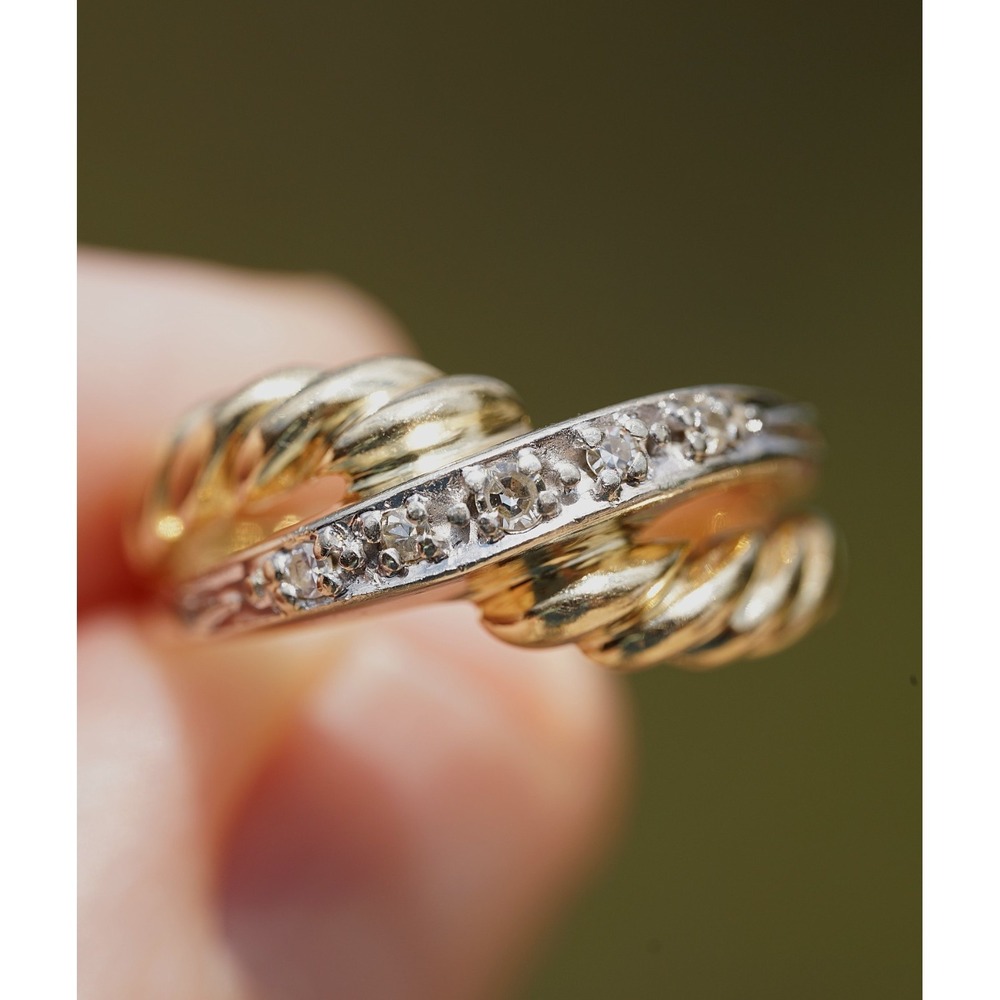 Vintage 14k Solid gold Two Tone Overlapping Natural Diamond Ring Twist Size 5.25 - Picture 8 of 11